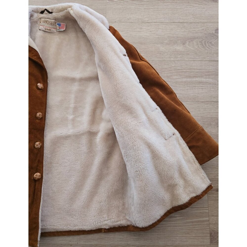 Schott NYC Rancher Western Barn Suede Leather Coat 40 Vintage Faux Fur Sherpa M - Picture 6 of 12